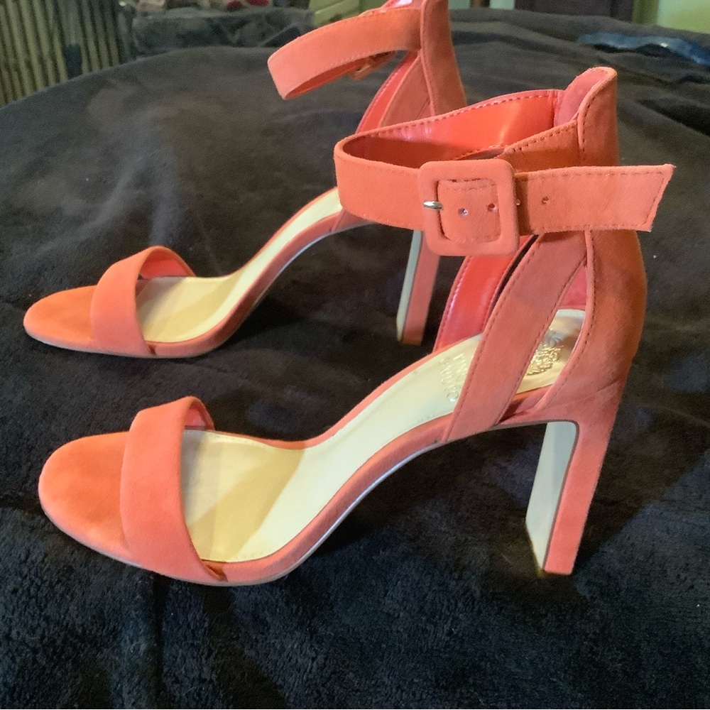 Vince Camuto, Coral suede open toe pumps with ankle strap, 4” heel. Sz 9 1/2